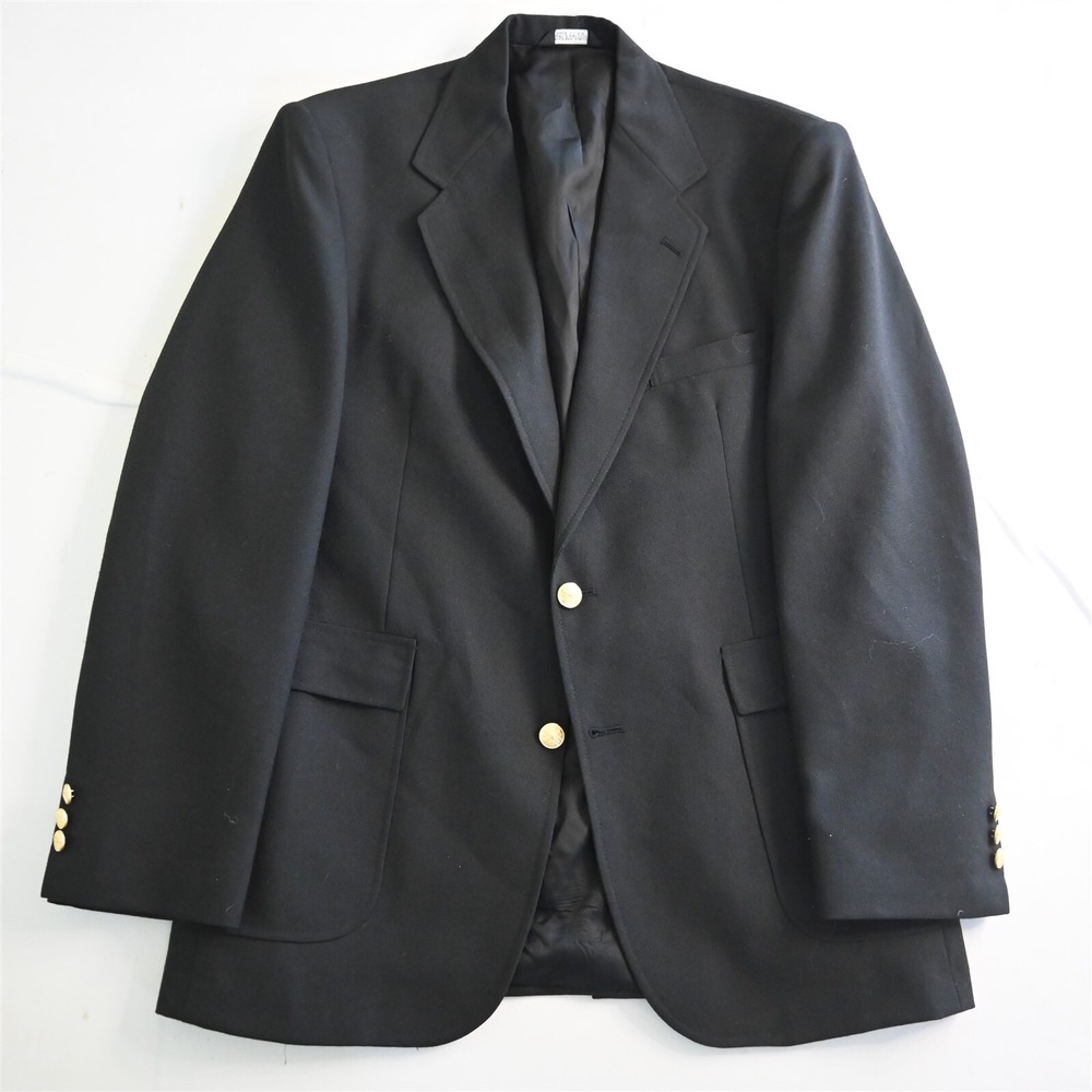 Vtg USA Made 42L Black Hopsack Gold Button Mens Suit Jacket Blazer Sport Coat